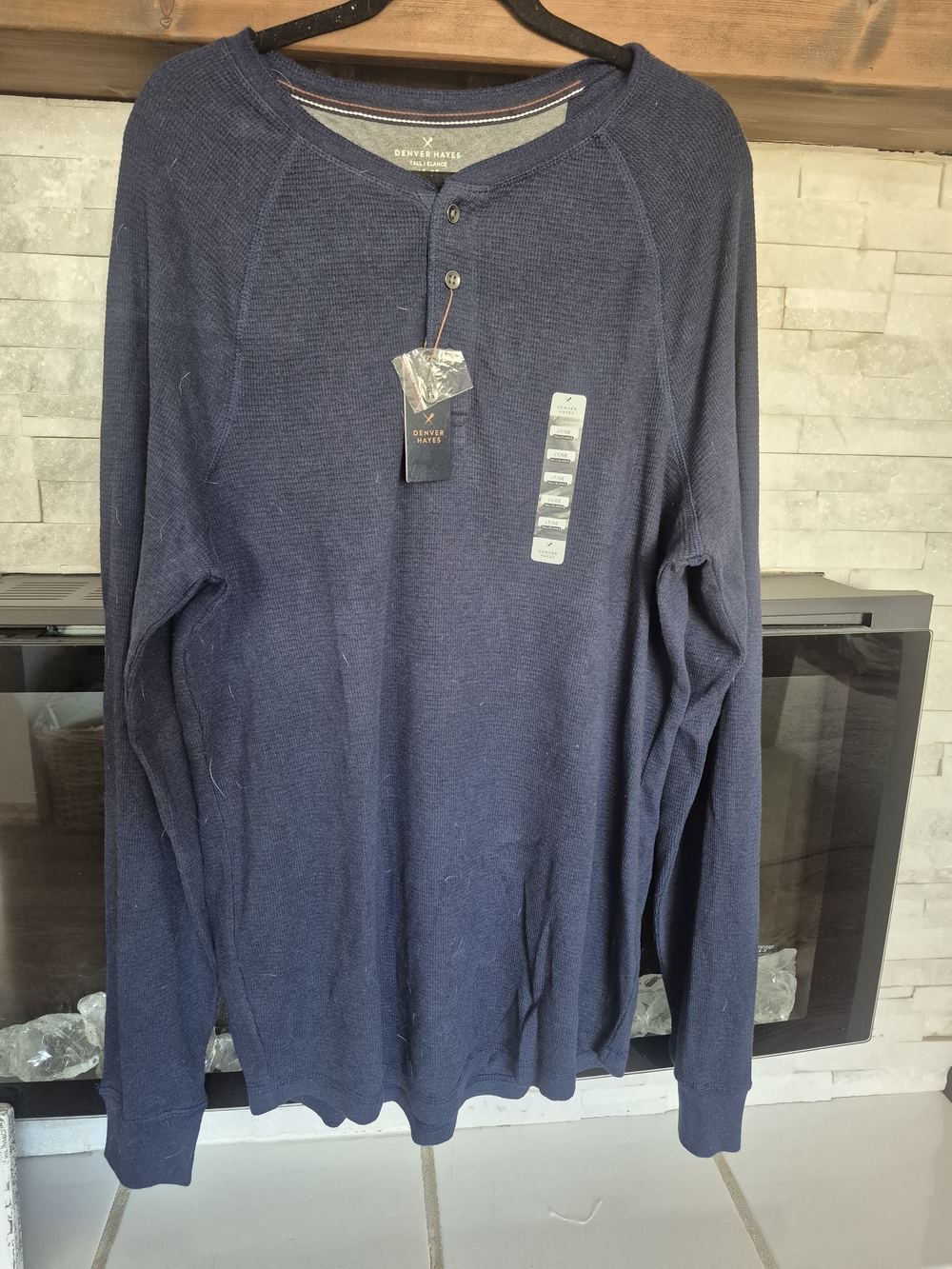 Denver Hayes Men's Dark Navy Waffle Henley Long Sleeve Shirt